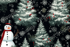 Festive winter pattern with stylized snow-covered trees, snowflakes, and red berries on a dark background.