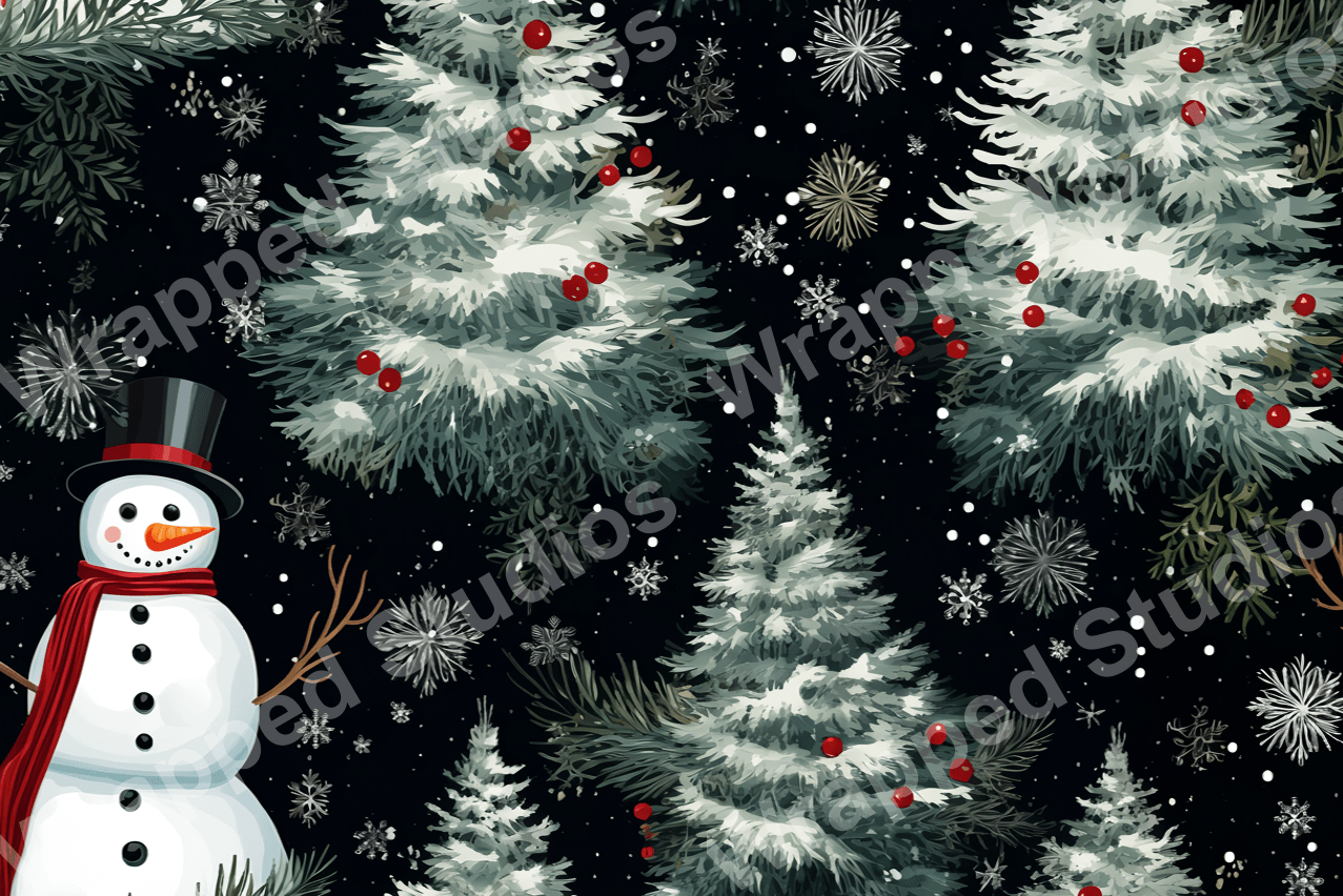 Festive winter pattern with stylized snow-covered trees, snowflakes, and red berries on a dark background.