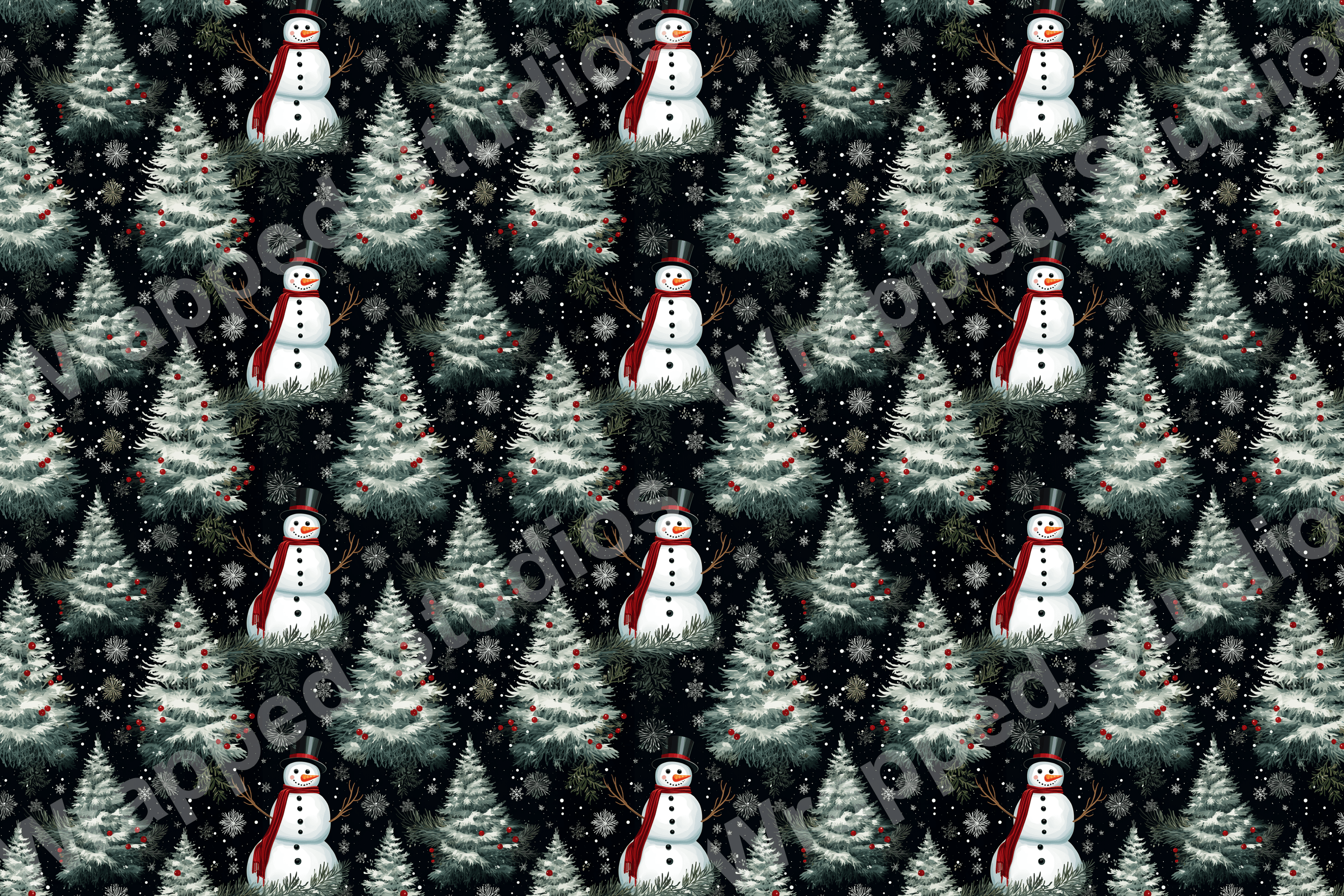 Whimsical holiday pattern with snowmen, snow-dusted Christmas trees and snowflakes on a dark background.