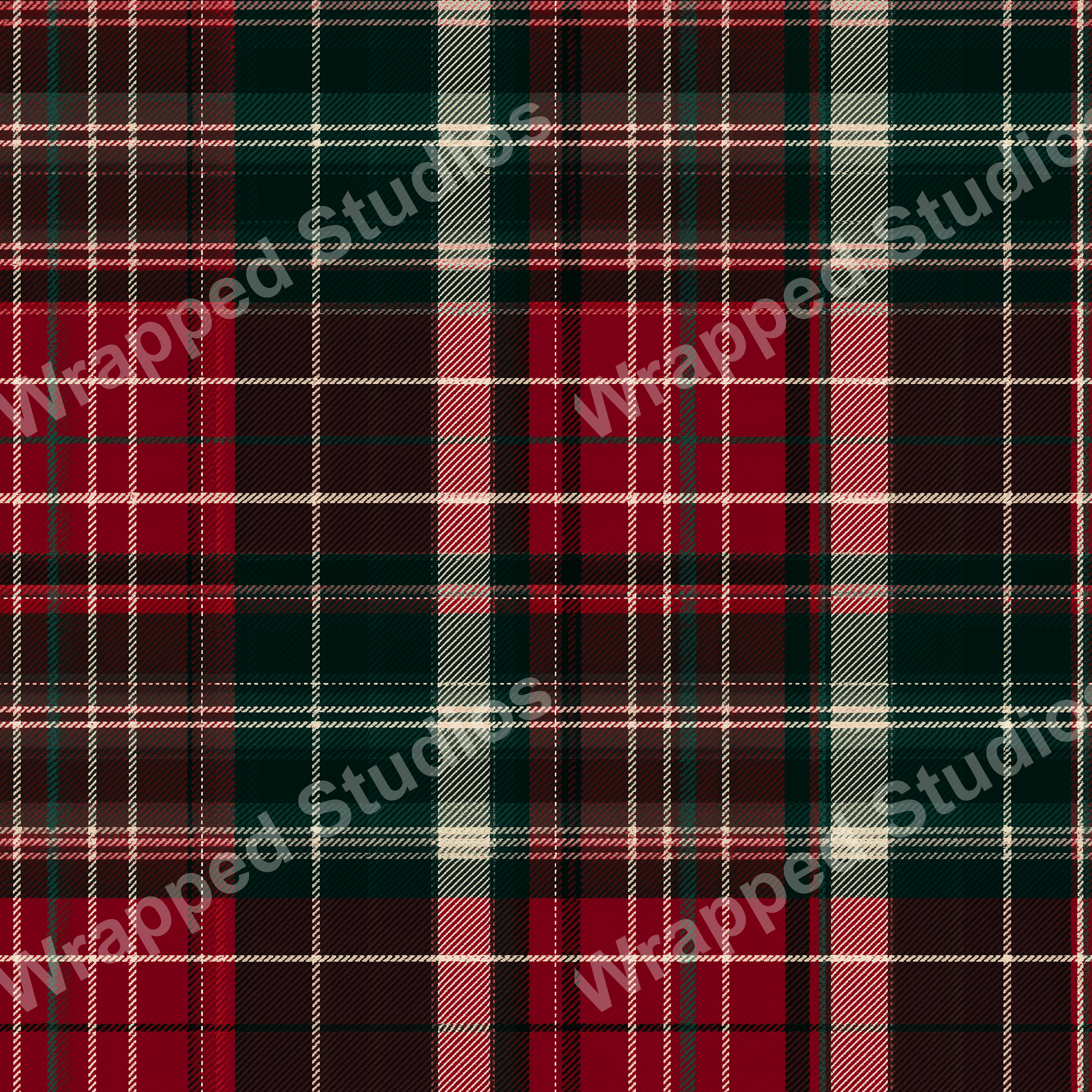 Classic plaid pattern design in shades of red, green, and cream.