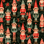 Vintage Christmas pattern featuring retro holiday elves and holly leaves on a dark green background.