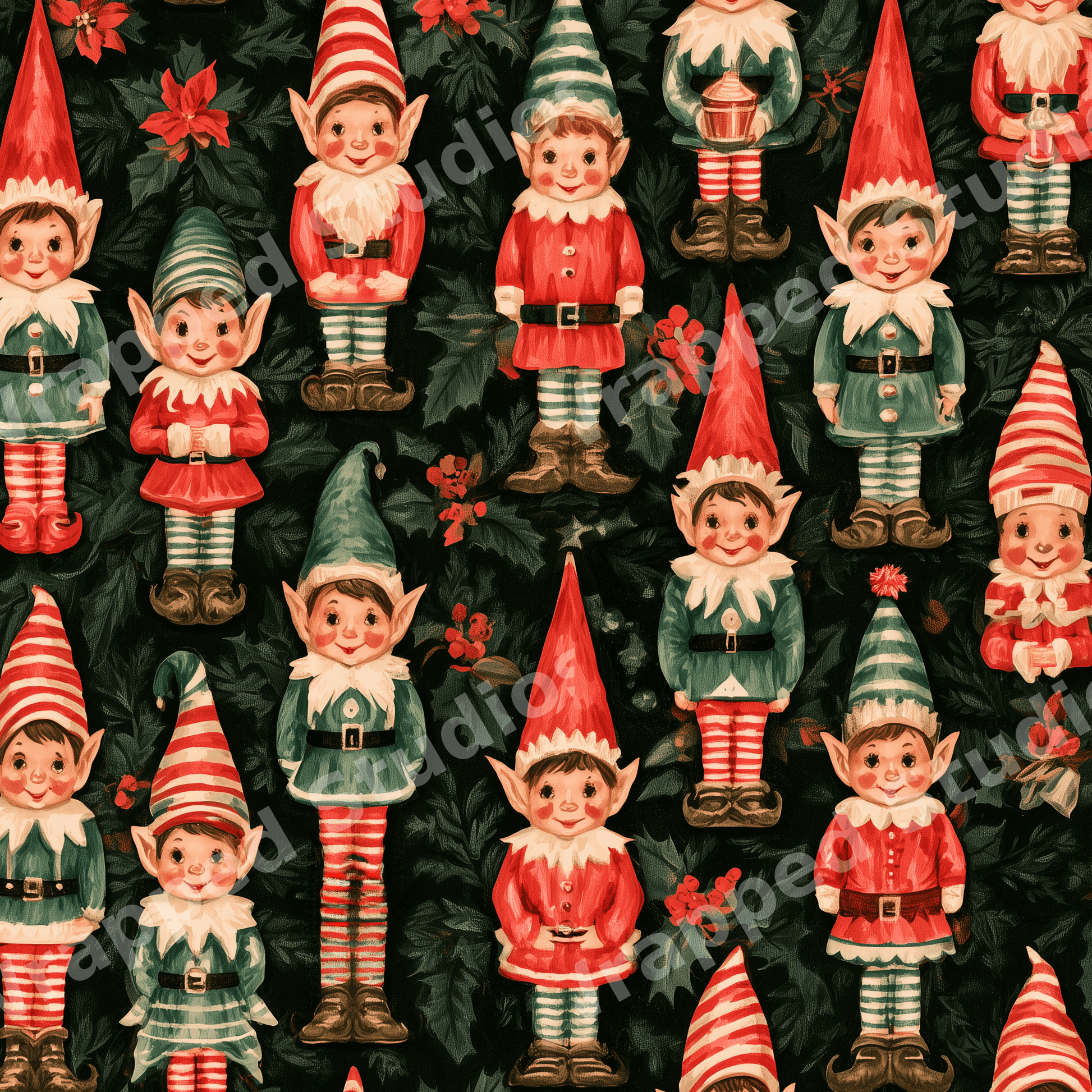 Vintage Christmas pattern featuring retro holiday elves and holly leaves on a dark green background.