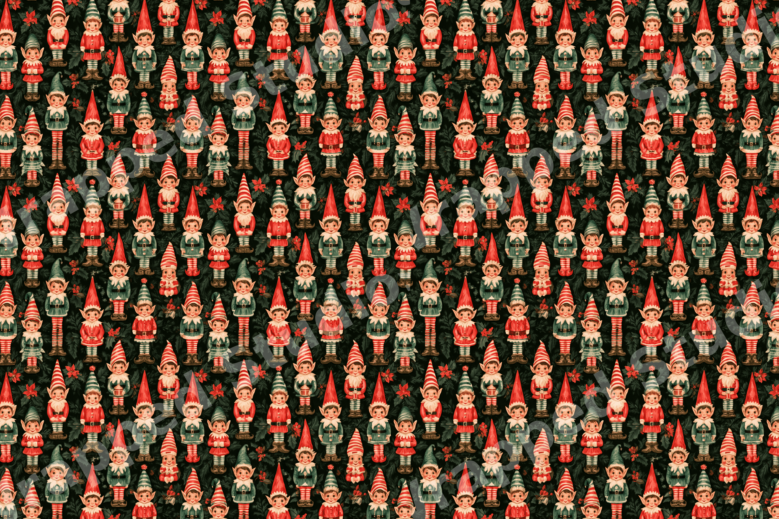 Vintage Christmas elf pattern featuring retro holiday elves in red and green on a dark holly background.