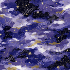 Cosmic abstract pattern with purple and gold clouds, stars, and white speckles.