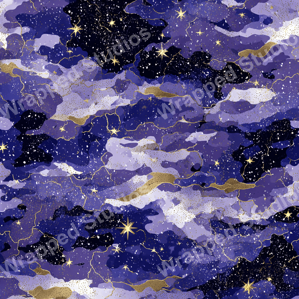 Cosmic abstract pattern with purple and gold clouds, stars, and white speckles.