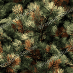 Dense pine needle pattern in shades of forest green, brown, and beige creates a woodland nature design.