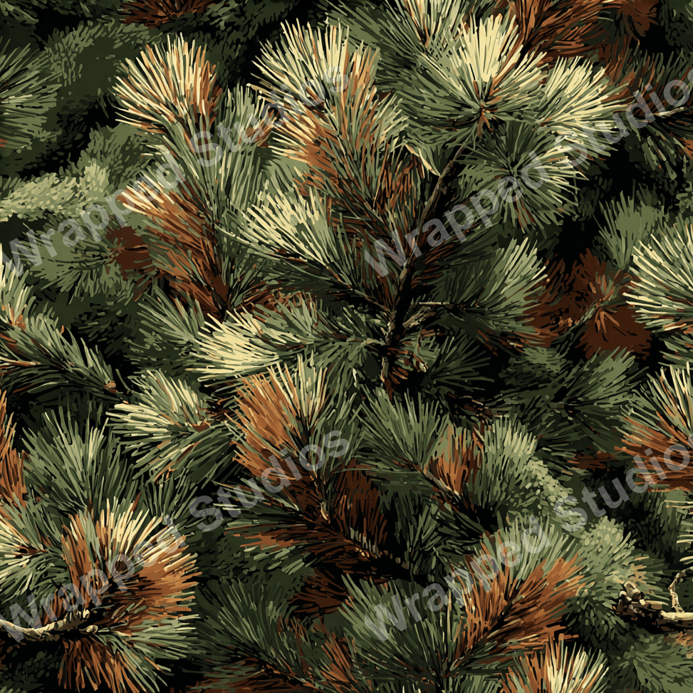 Dense pine needle pattern in shades of forest green, brown, and beige creates a woodland nature design.