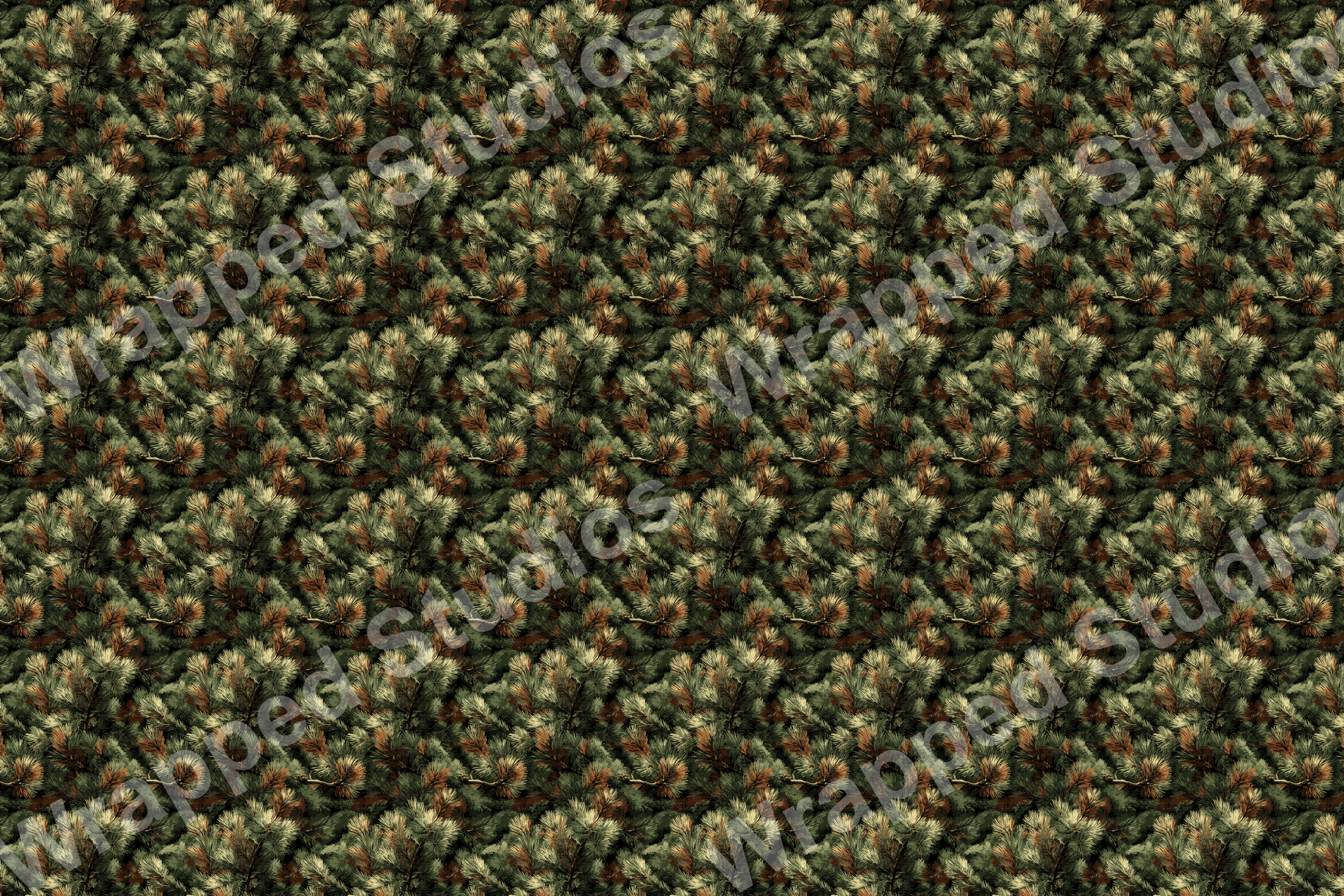 Dense pine needle botanical pattern in shades of green, brown, and cream.