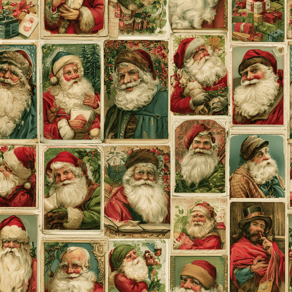 Seamless vintage Santa Claus portrait pattern with nostalgic antique Christmas illustrations in muted colors.
