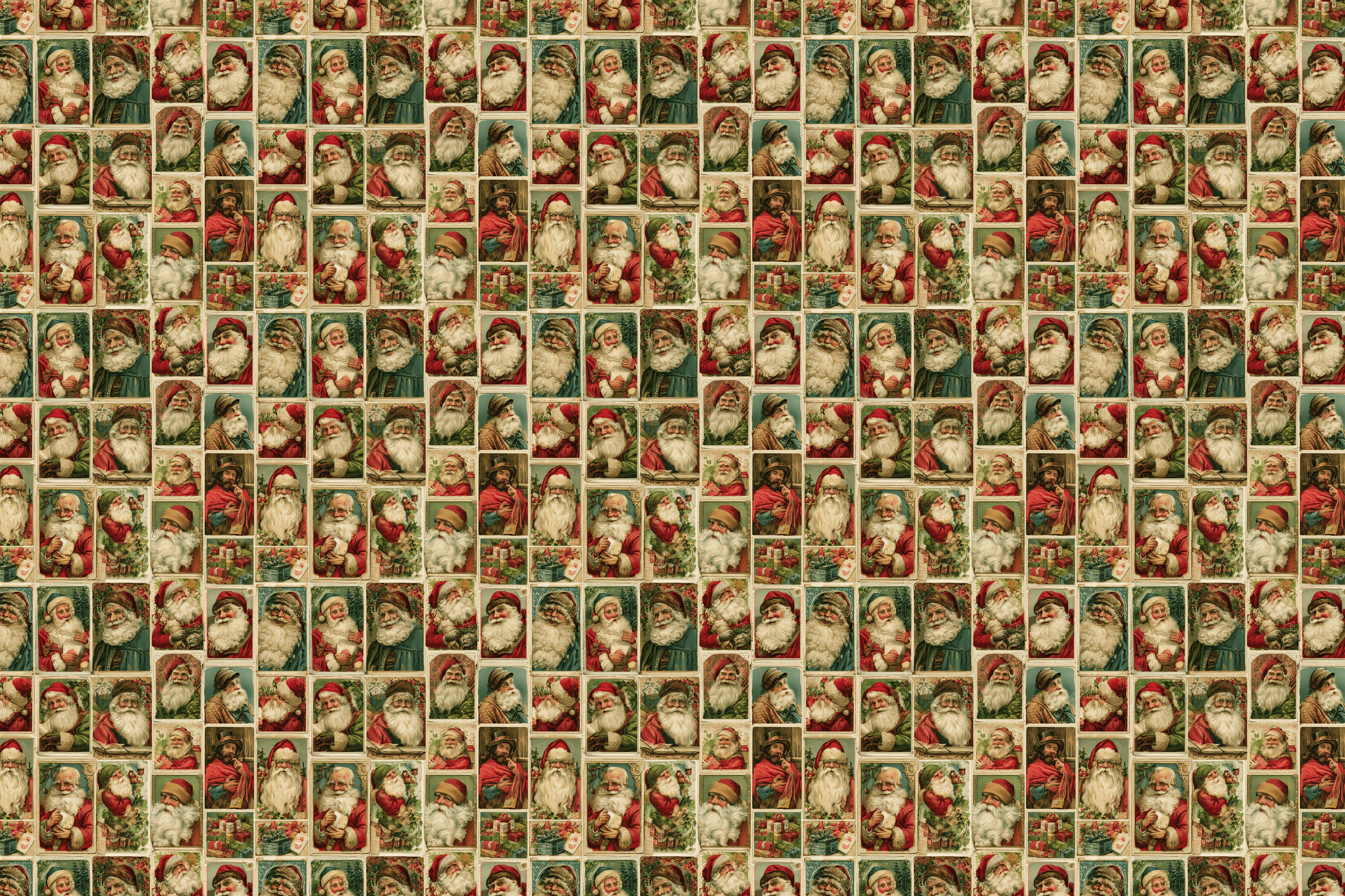 Vintage Santa Claus pattern featuring a collage of antique Victorian Christmas illustrations in red and green.
