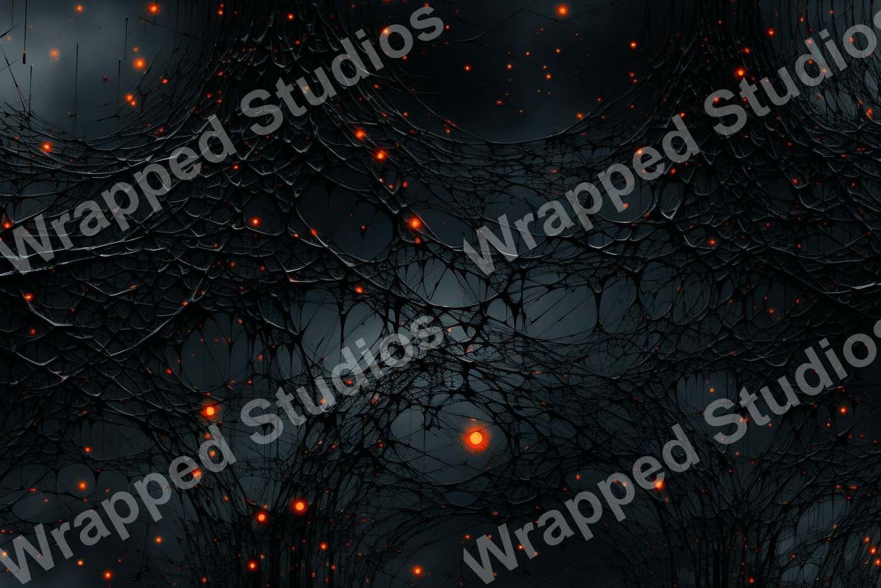 Intricate dark web pattern with glowing orange dots, evokes a mysterious, ethereal aesthetic.