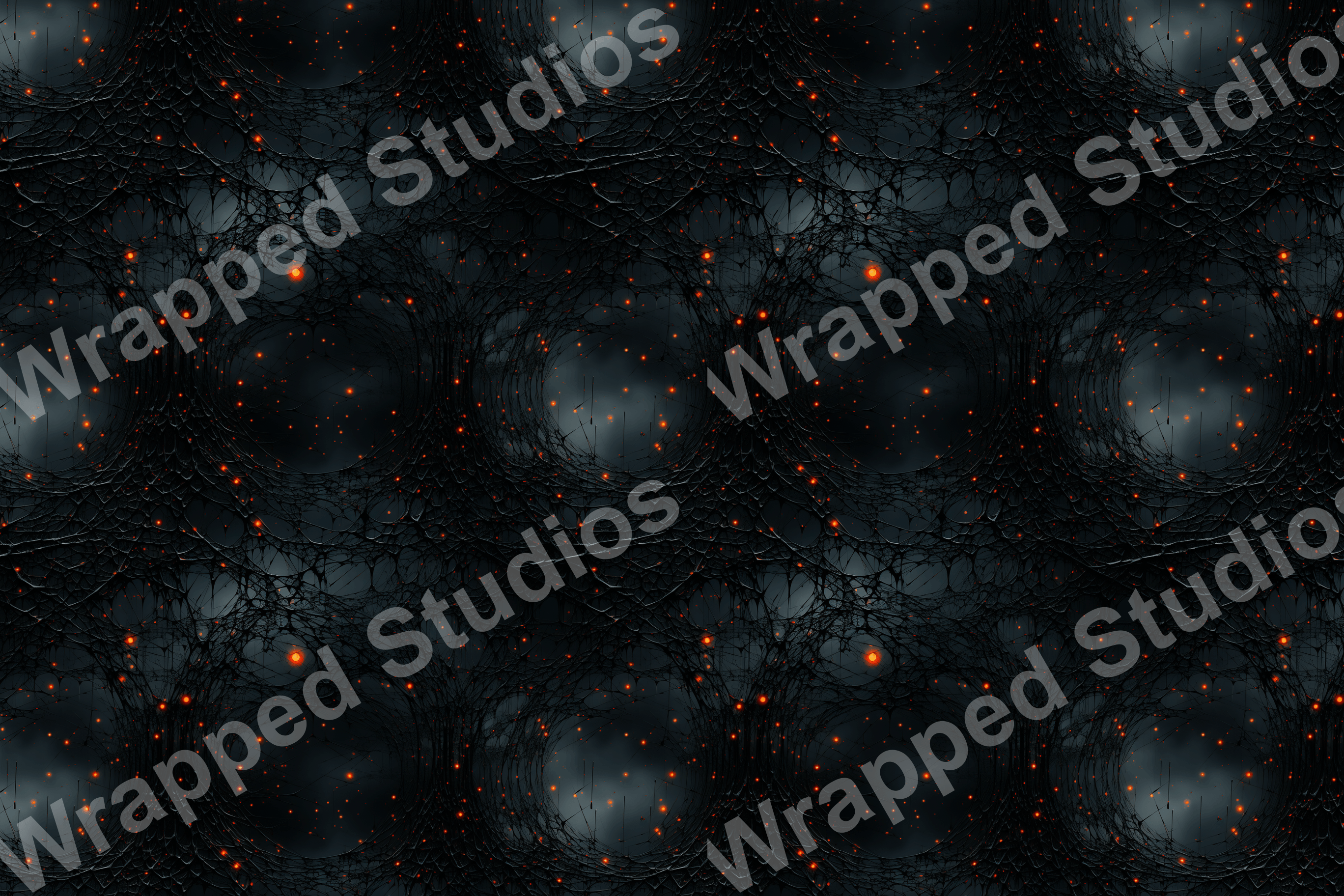 Dark abstract pattern of intricate webs with glowing orange dots.