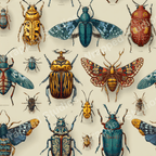 Detailed entomology pattern with colorful vintage beetle and insect illustrations on beige.