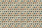 Seamless pattern of colorful beetle illustrations in teal, red, yellow, and brown on a light background.