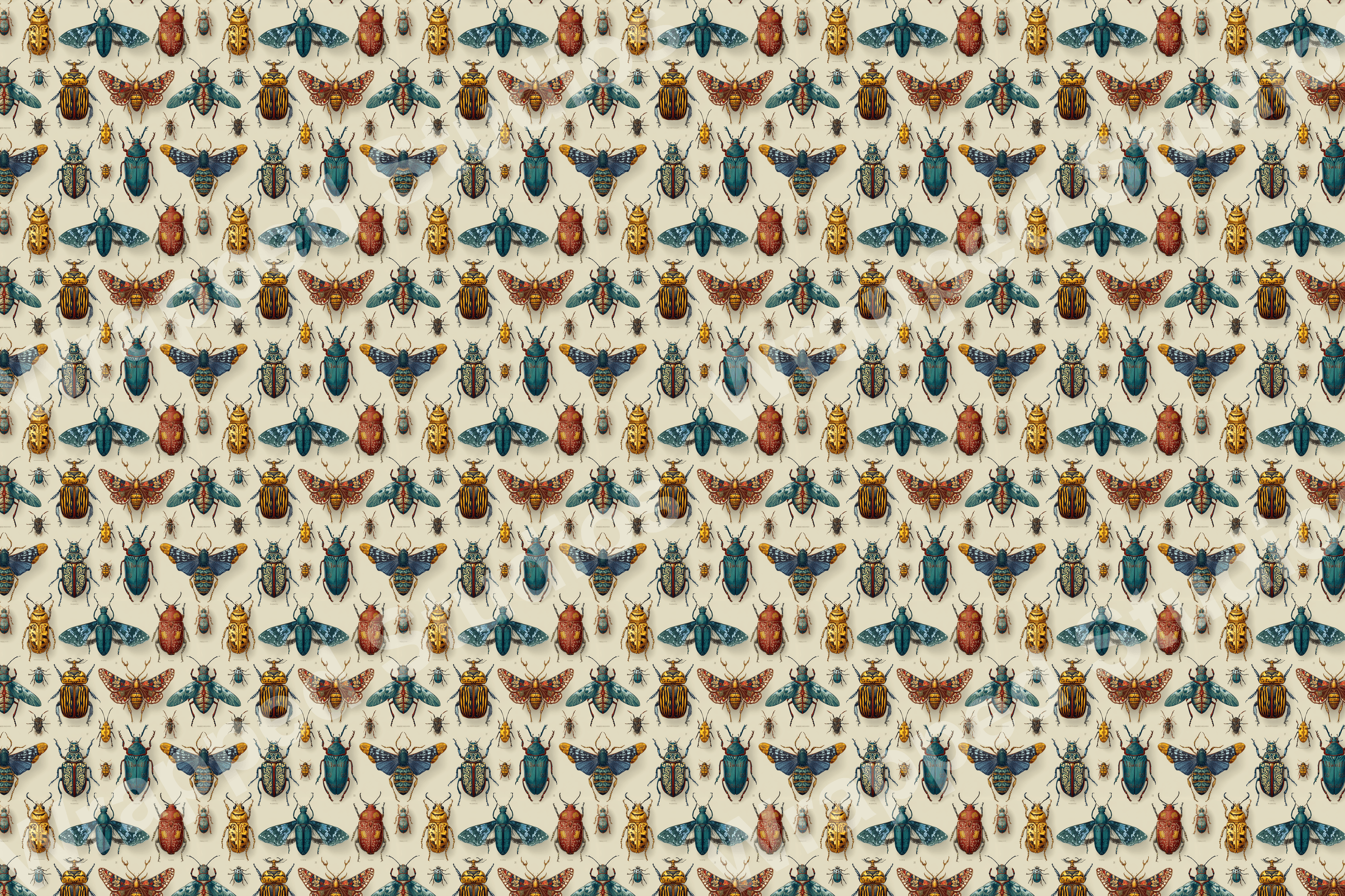 Seamless pattern of colorful beetle illustrations in teal, red, yellow, and brown on a light background.