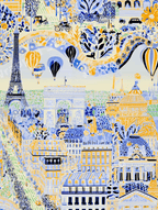 Whimsical Paris cityscape pattern with the Eiffel Tower and hot air balloons in blue and gold.