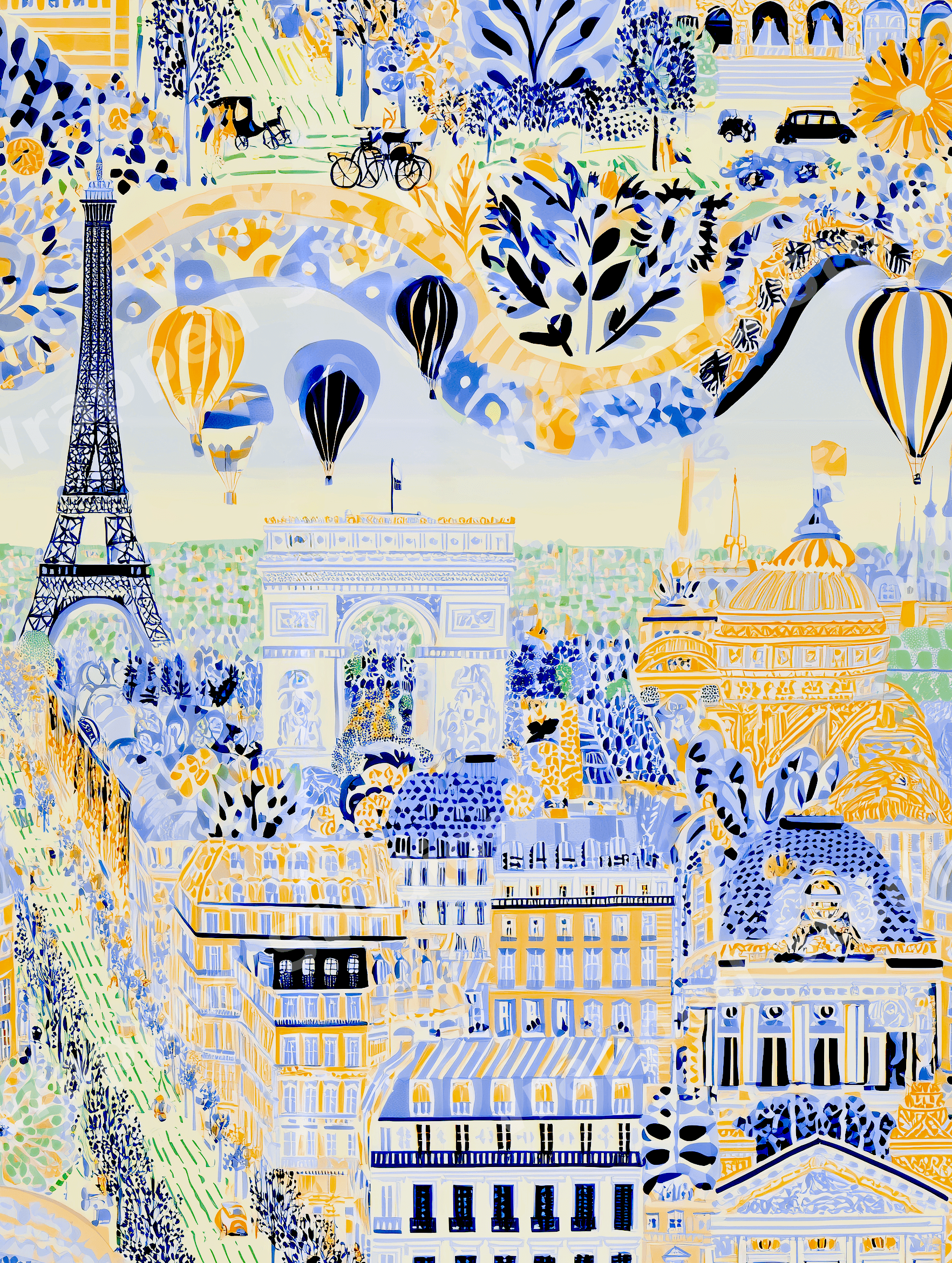 Whimsical Paris cityscape pattern with the Eiffel Tower and hot air balloons in blue and gold.