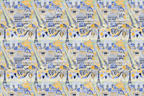 Whimsical Paris cityscape pattern featuring the Eiffel Tower and hot air balloons in blue and yellow.