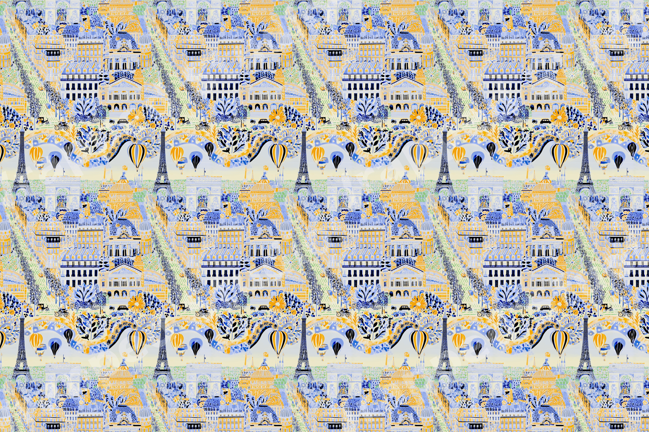 Whimsical Paris cityscape pattern featuring the Eiffel Tower and hot air balloons in blue and yellow.