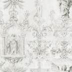 Vintage baroque toile pattern featuring grey sketched angels, saints, and ornate details on white.
