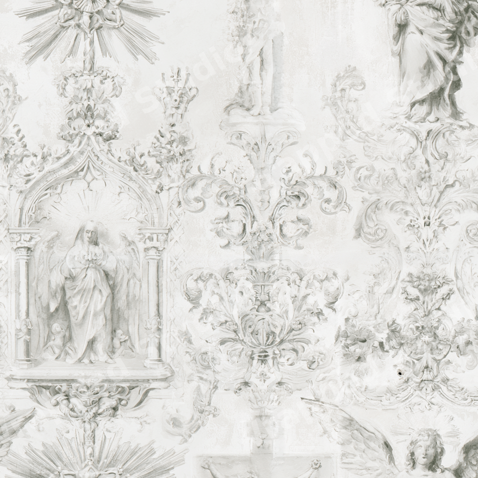 Vintage baroque toile pattern featuring grey sketched angels, saints, and ornate details on white.