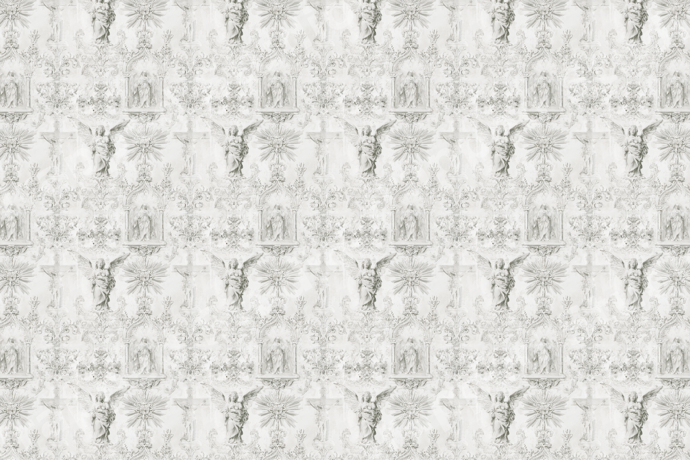 Ornate vintage gothic pattern featuring classical angels and baroque architectural details in light grey.