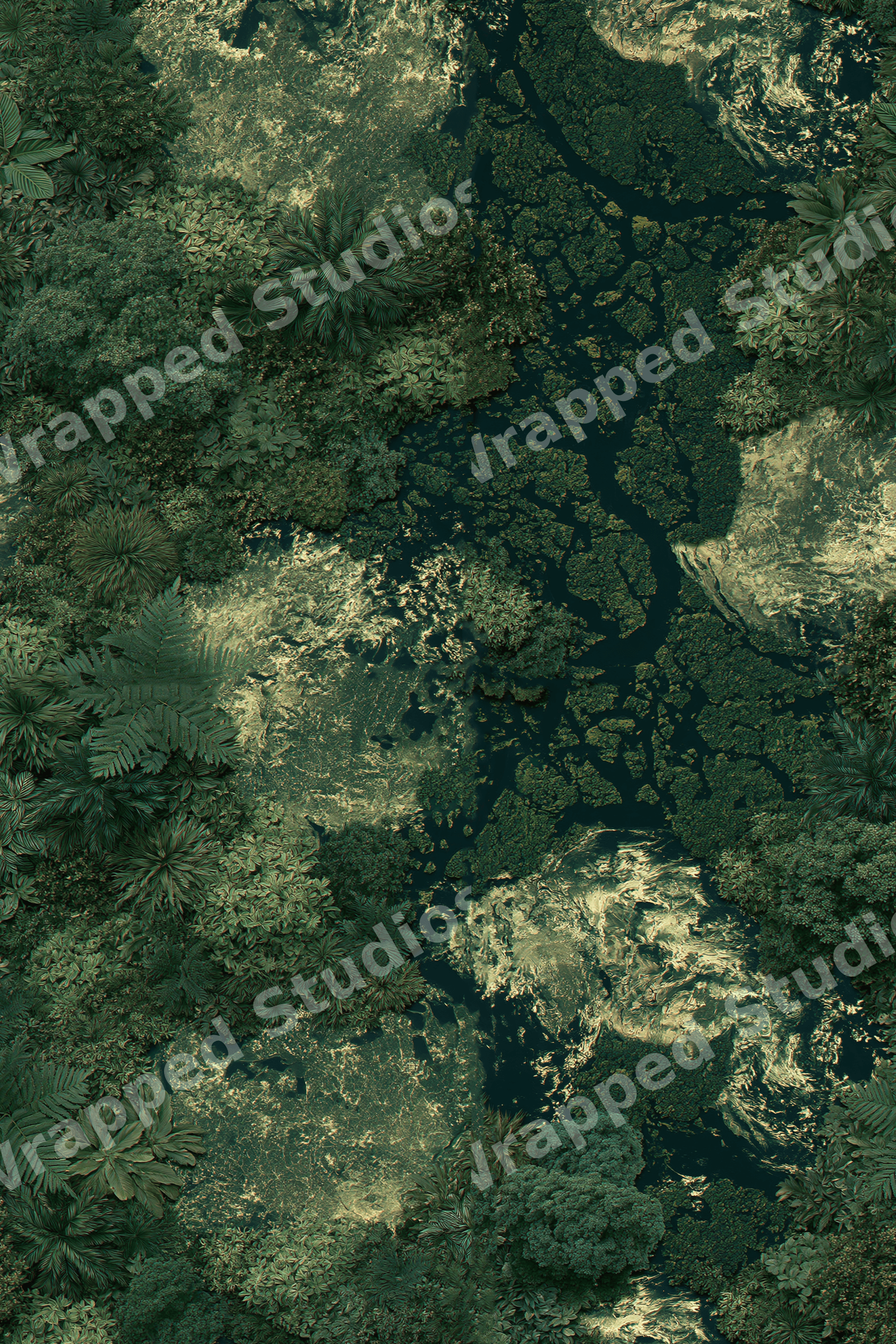 Lush emerald green aerial jungle pattern featuring tropical forest foliage and textured gold details.