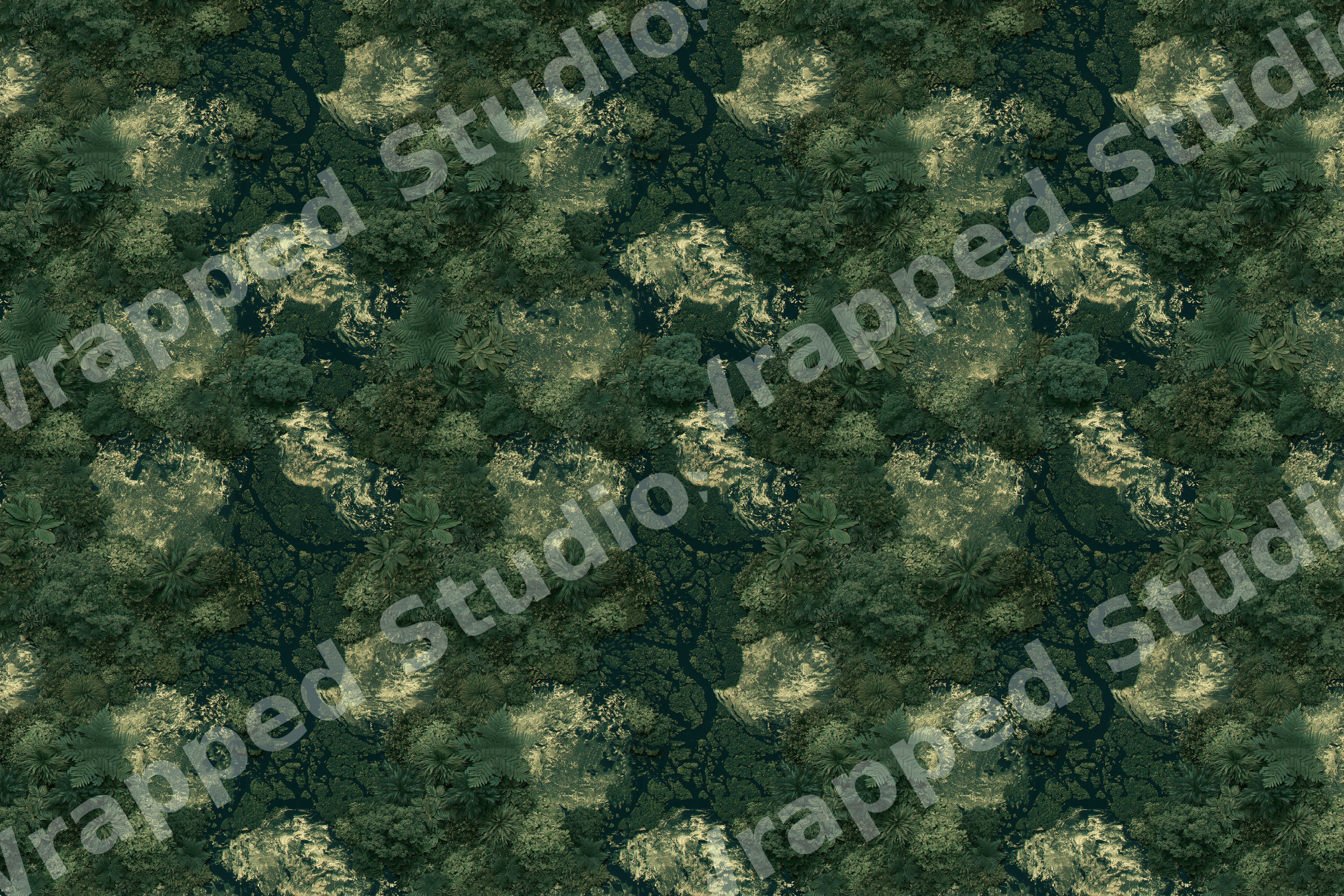 Moody dark green botanical pattern with dense tropical jungle foliage and organic mossy textures.