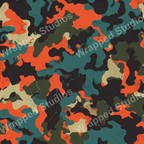 Seamless camouflage pattern in orange, teal, khaki, and black hues.