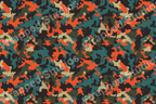 Seamless camouflage pattern in orange, teal, tan and black; abstract blotches form a mottled design.