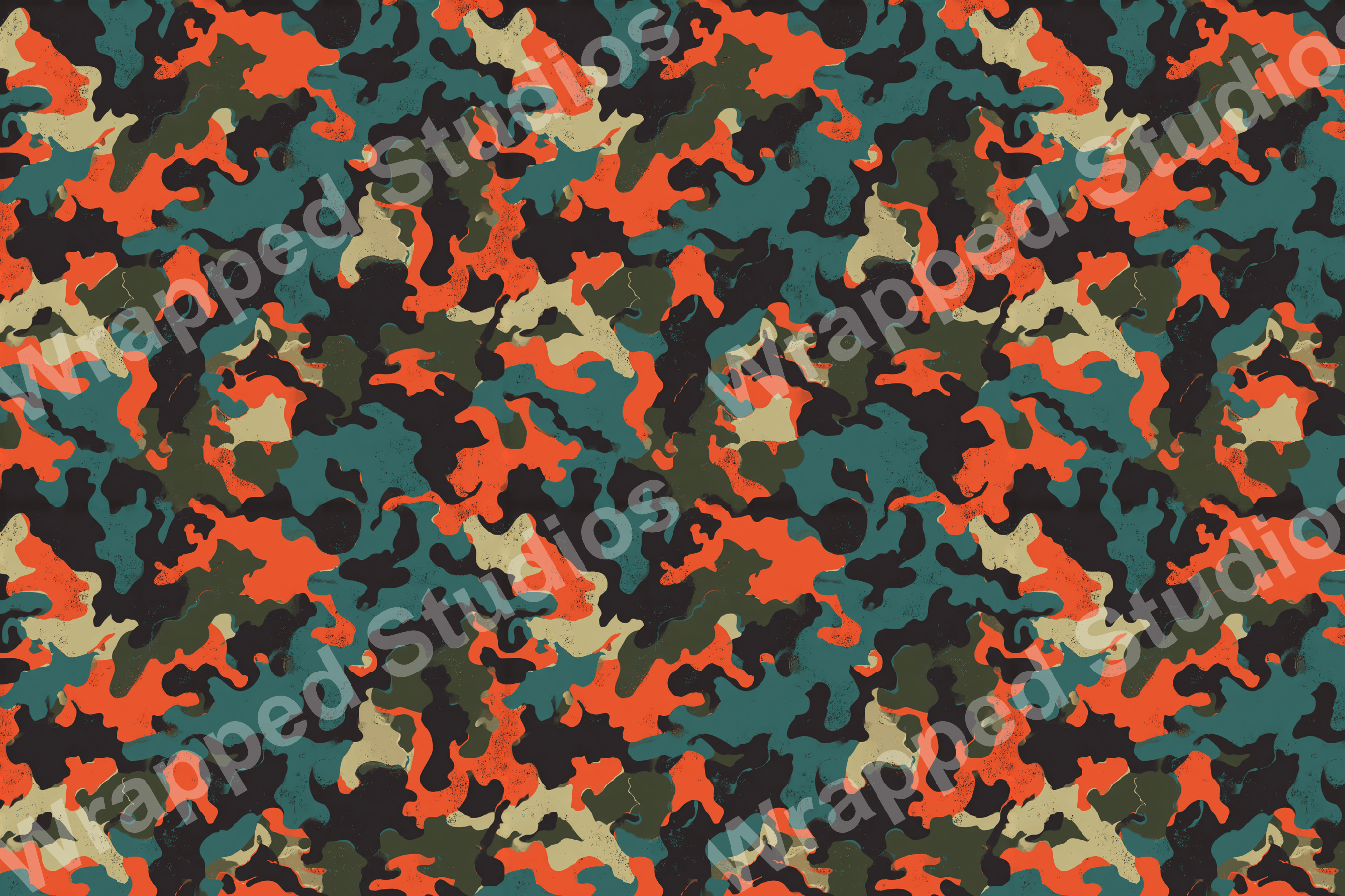 Seamless camouflage pattern in orange, teal, tan and black; abstract blotches form a mottled design.