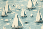 Nautical pattern with sailboats on a textured blue water and cloud background.