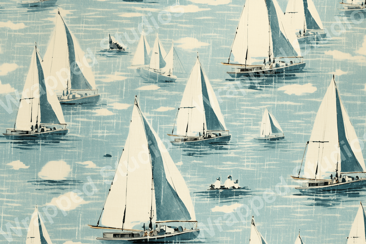 Nautical pattern with sailboats on a textured blue water and cloud background.