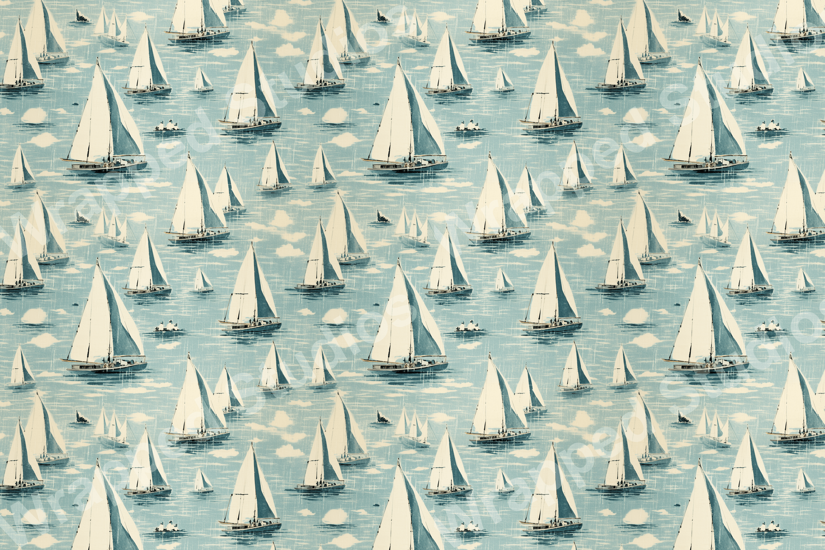 Nautical pattern with sailboat motifs on a light blue textured background.