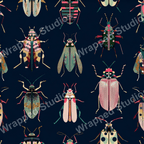 Seamless insect pattern with stylized beetles in jewel tones on a dark blue background.