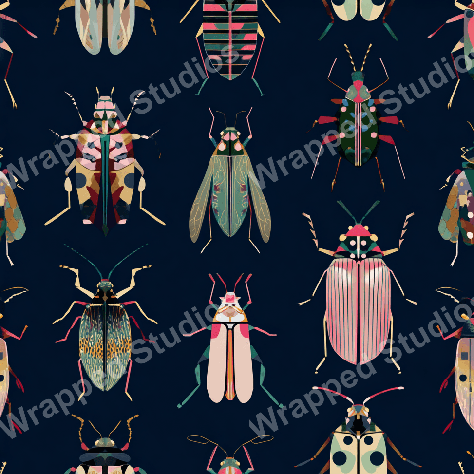 Seamless insect pattern with stylized beetles in jewel tones on a dark blue background.
