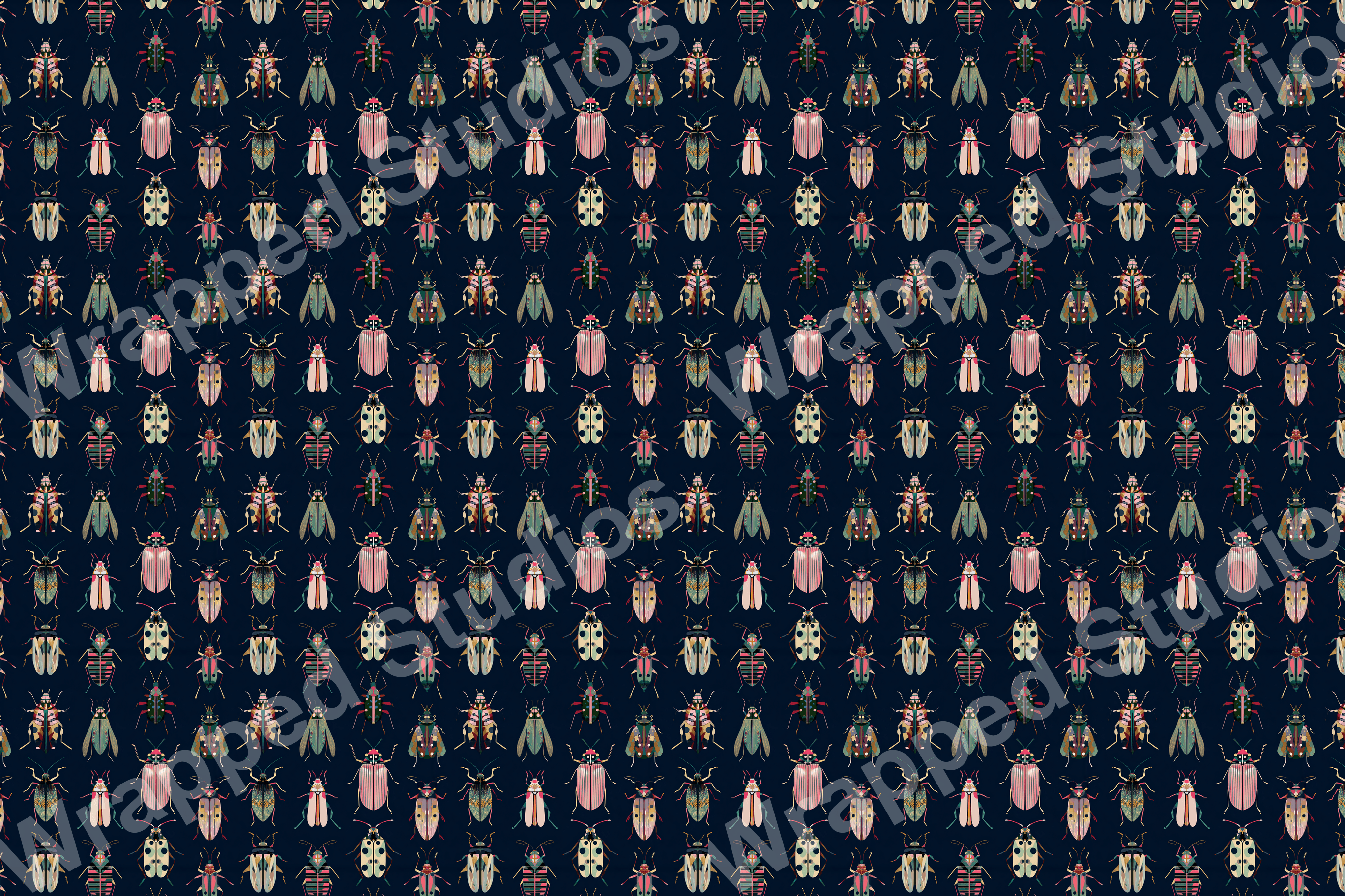 Seamless insect pattern featuring stylized beetles in pink, green, and brown on a dark blue background.