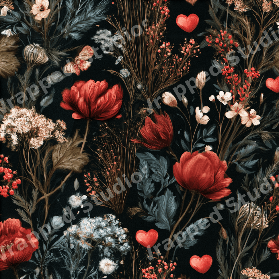 Moody vintage botanical pattern with red poppies, wildflowers, and small hearts.