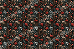 Moody floral pattern with red poppies, white blossoms, and tiny hearts in a dark vintage botanical design.