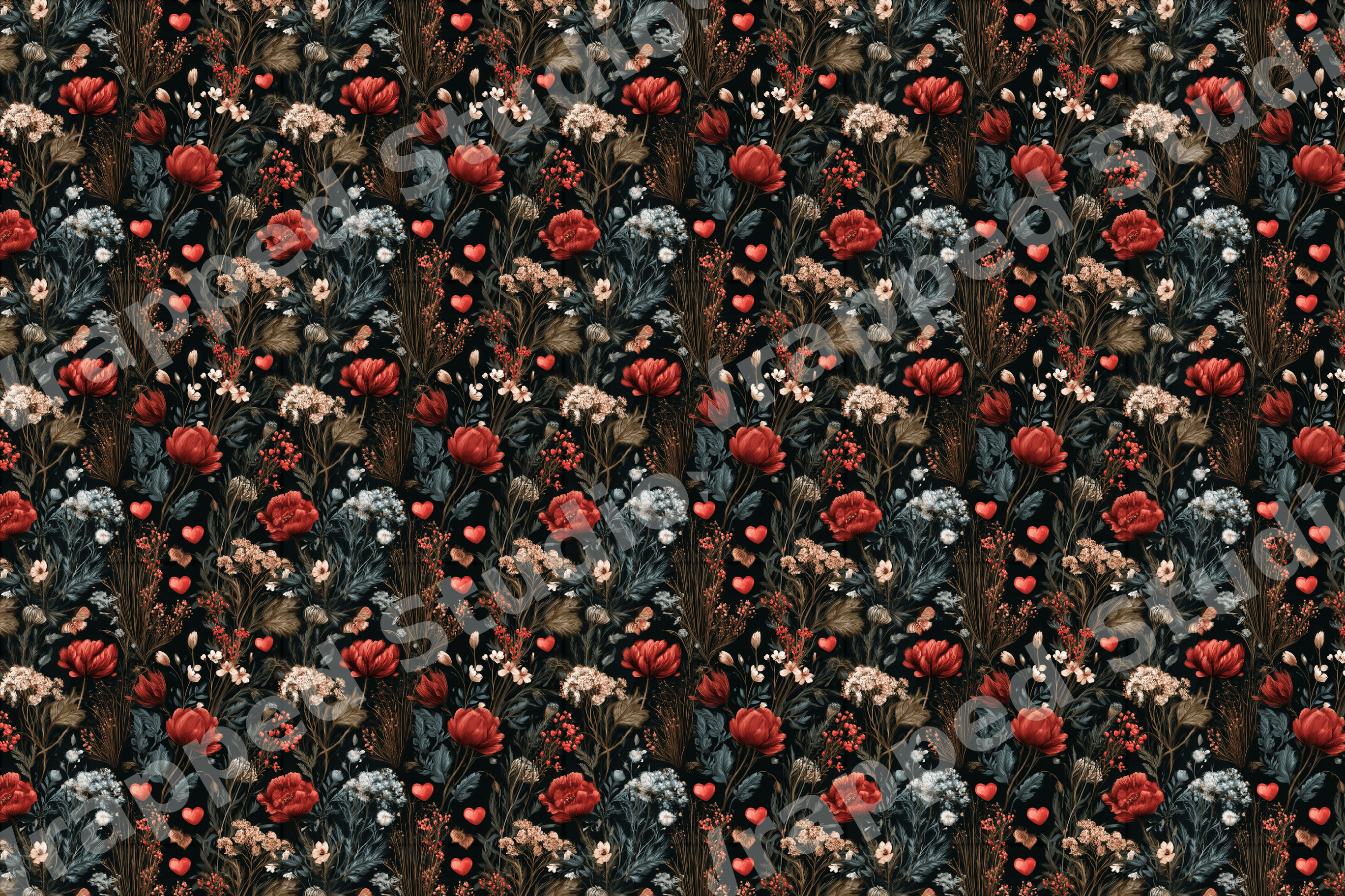 Moody floral pattern with red poppies, white blossoms, and tiny hearts in a dark vintage botanical design.