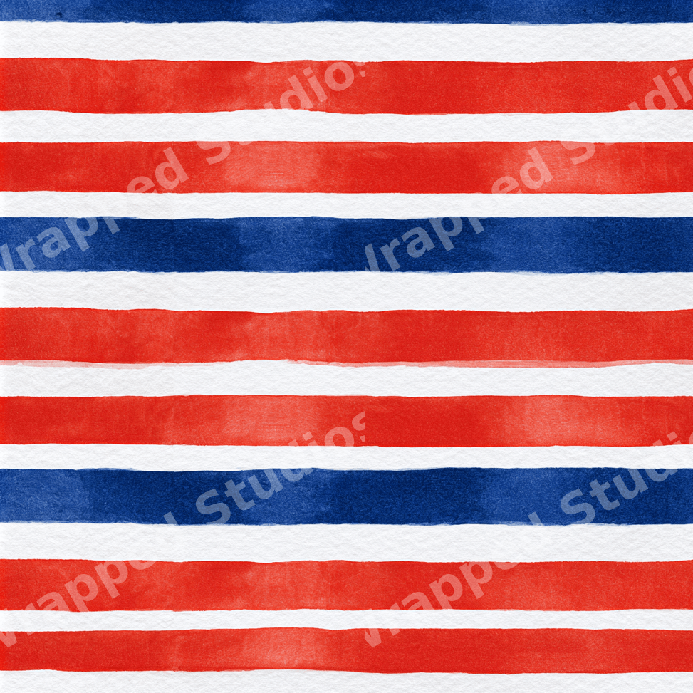 Red, white, and blue watercolor stripe pattern with a textured nautical and patriotic aesthetic.