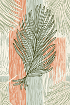 Boho botanical pattern with sage green palm leaves on a terracotta and cream textured block background.