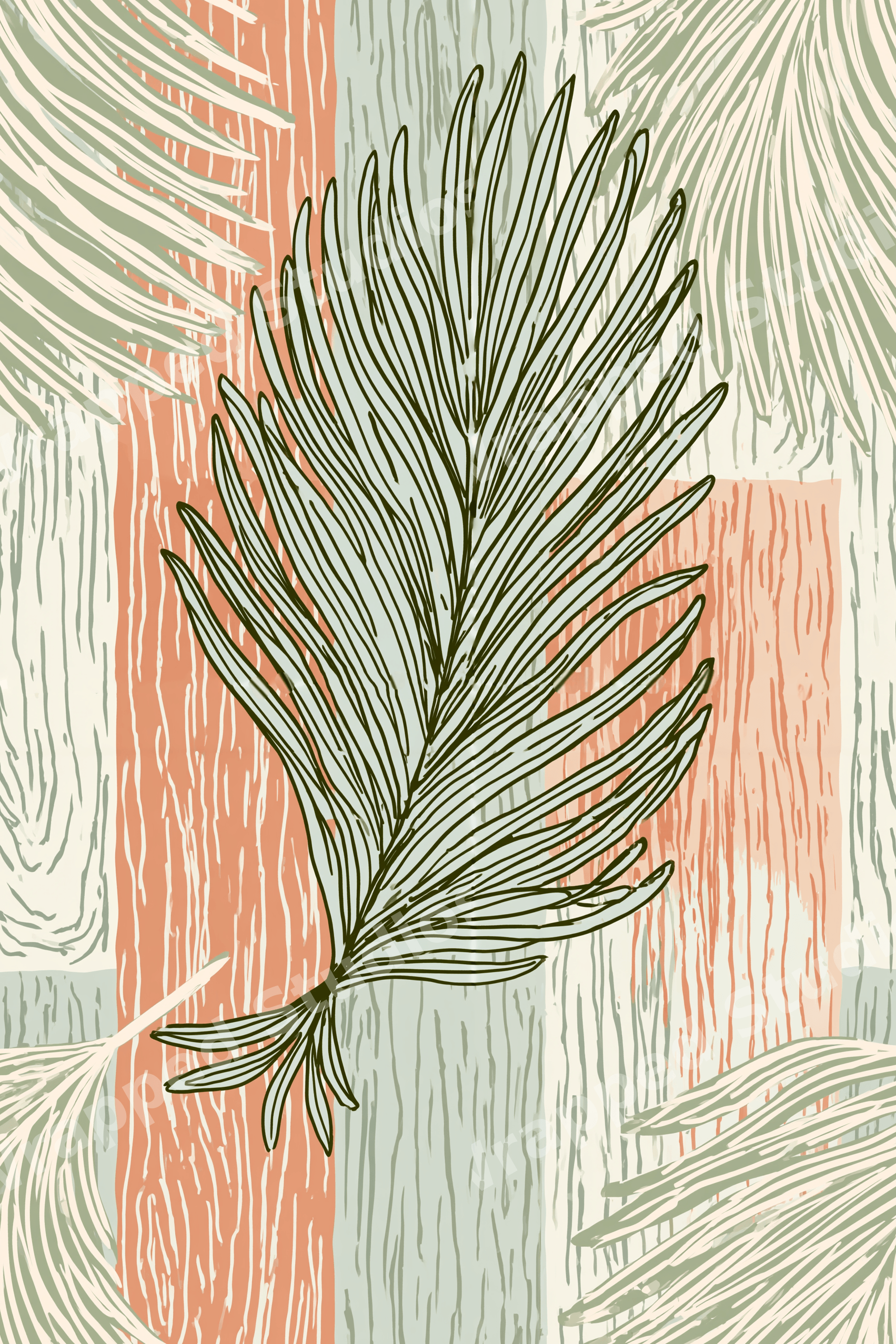 Boho botanical pattern with sage green palm leaves on a terracotta and cream textured block background.