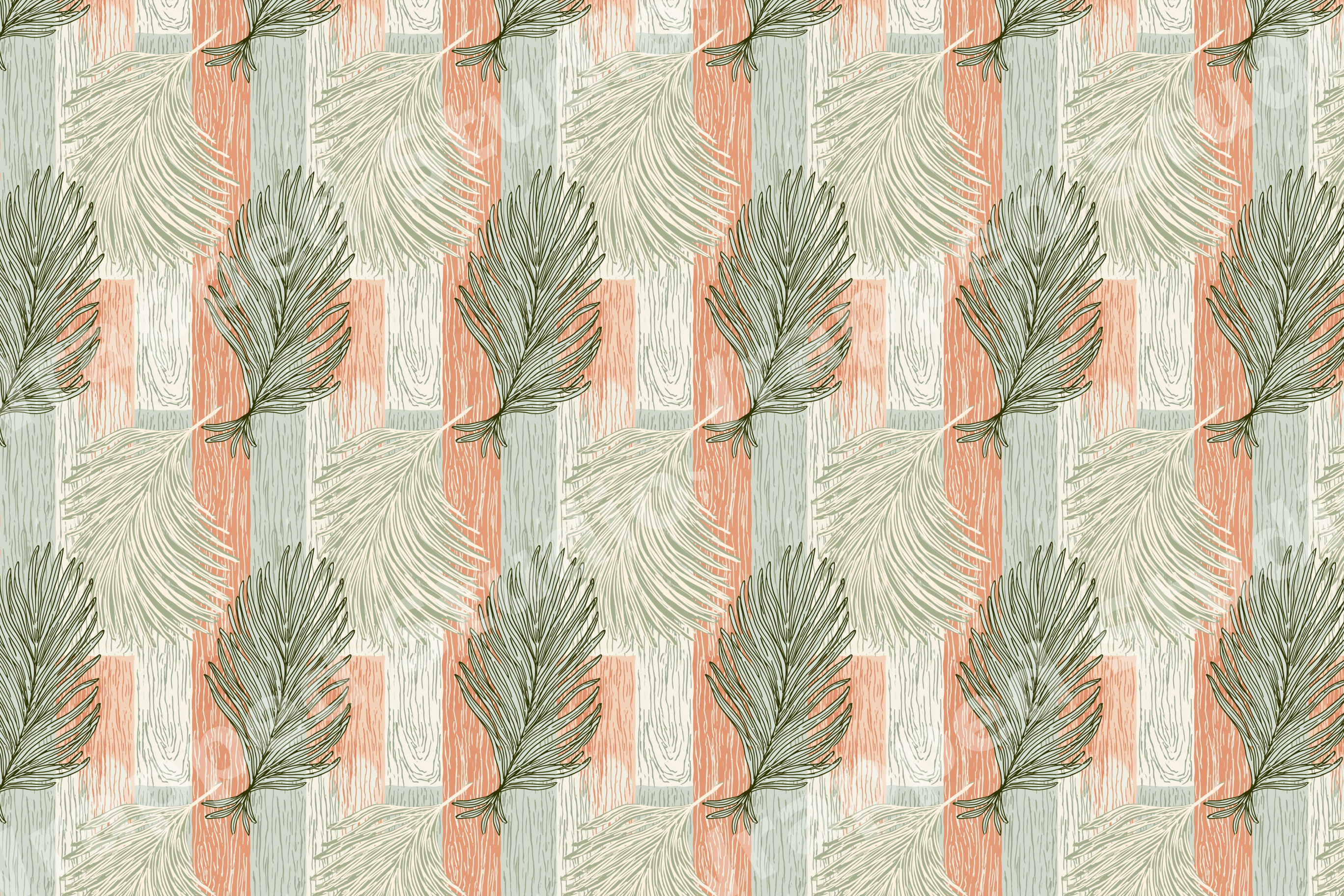 Vintage boho feather pattern with sage green and terracotta vertical stripes.