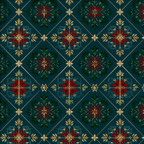 Elegant vintage floral pattern with red blossoms and gold geometric lattice on a dark teal background.