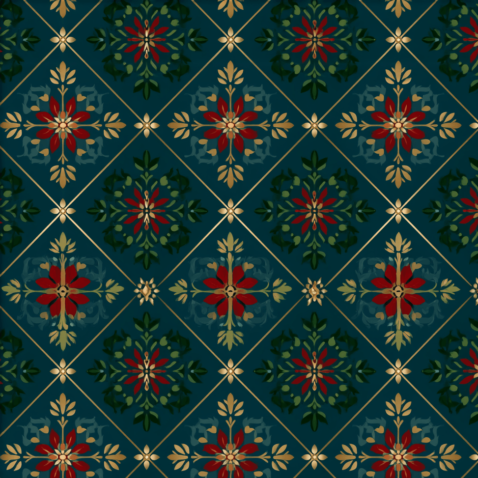 Elegant vintage floral pattern with red blossoms and gold geometric lattice on a dark teal background.