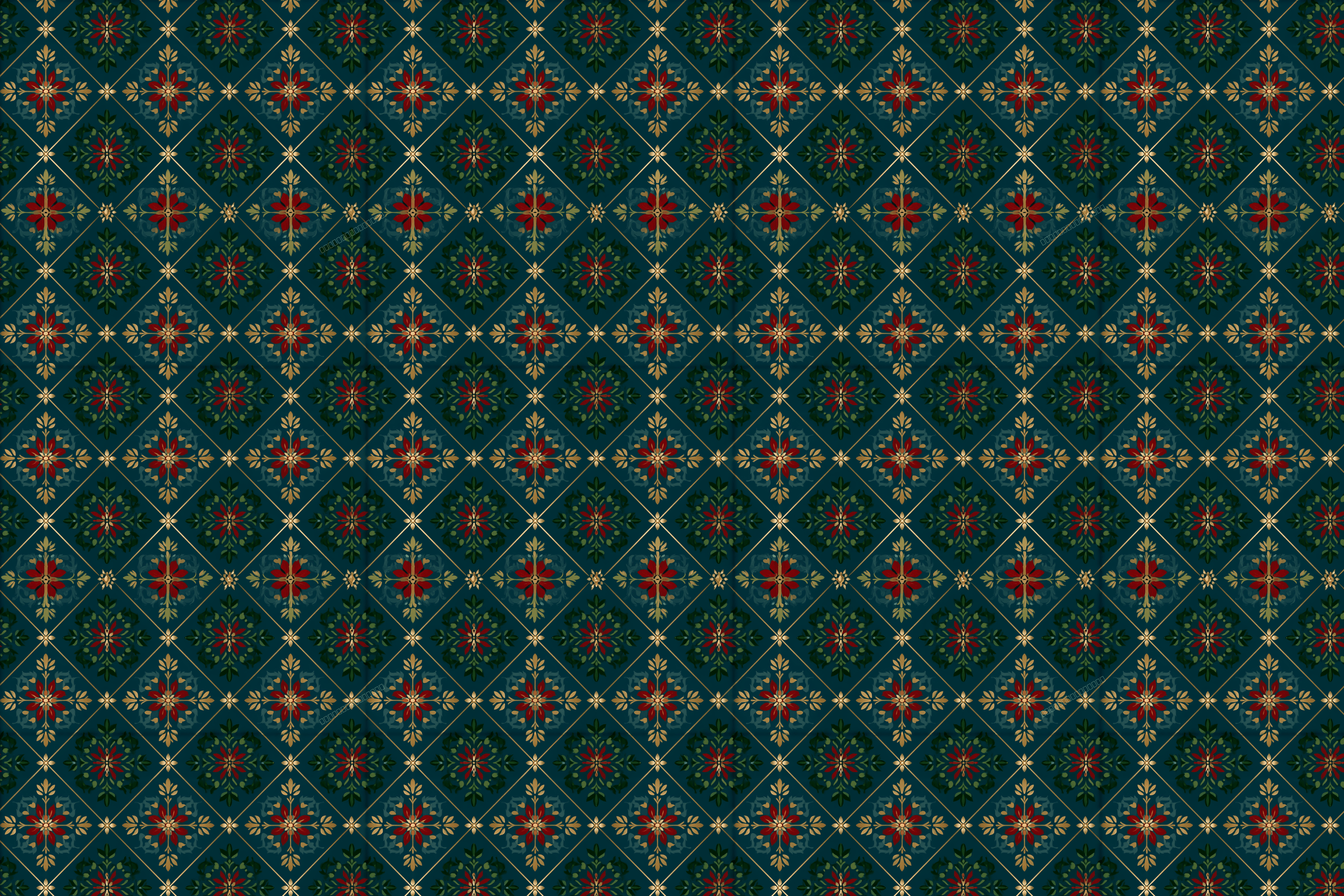 Elegant vintage botanical pattern with red floral motifs and gold geometric lattice on dark teal.