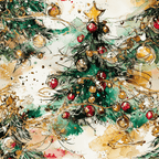 Artistic watercolor Christmas tree pattern with red and gold ornaments in a festive holiday print.