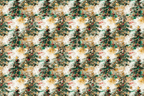 Vintage watercolor Christmas tree pattern with red and gold ornaments.