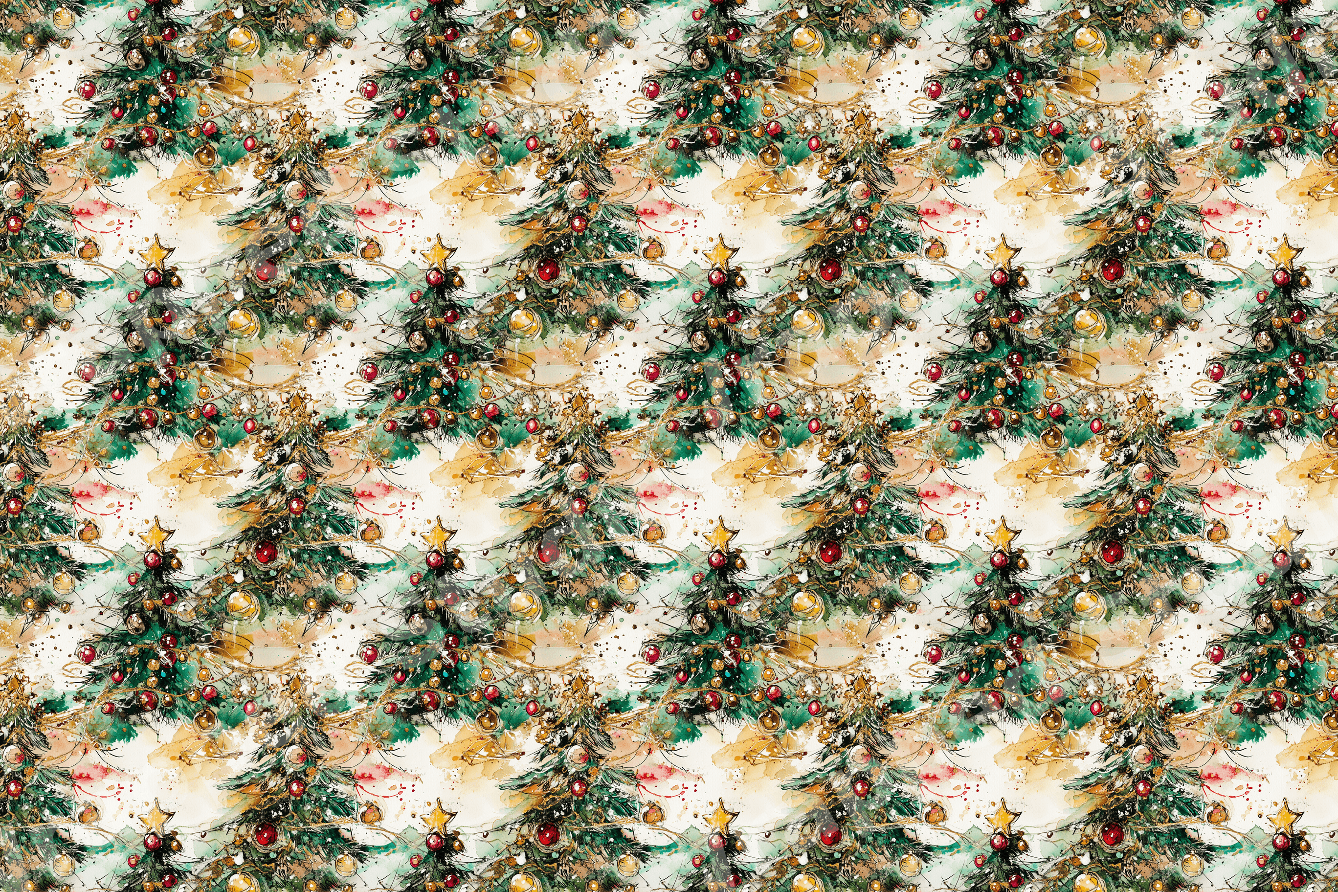 Vintage watercolor Christmas tree pattern with red and gold ornaments.